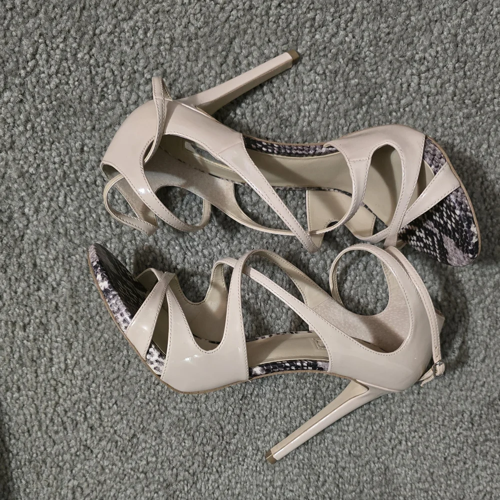 GUESS Ablane - Nude Strappy High Heel Sandals With Snake Skin Accents - Picture 6 of 7